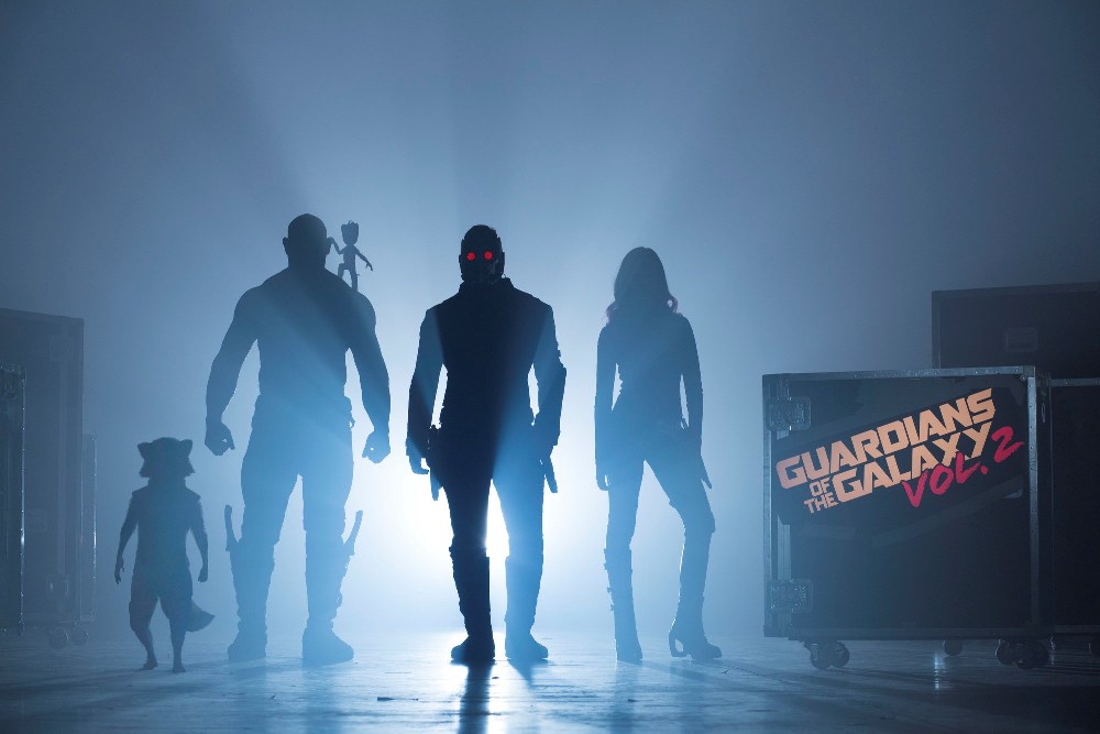 Guardians Of The Galaxy Vol. 2 Start of Production Image L to R: Rocket (voiced by Bradley Cooper), Drax (Dave Bautista), Groot (voiced by Vin Diesel), Peter Quill/Star-Lord (Chris Pratt) and Gamora (Zoe Saldana) ©Marvel 2017